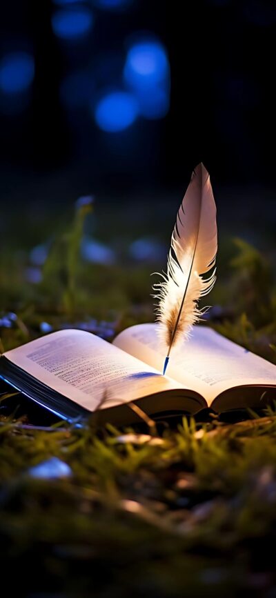 Serene scene with an open book on grass, quill feather glowing with magic | Brown, Blue, Green | 4K Wallpaper for Mobile