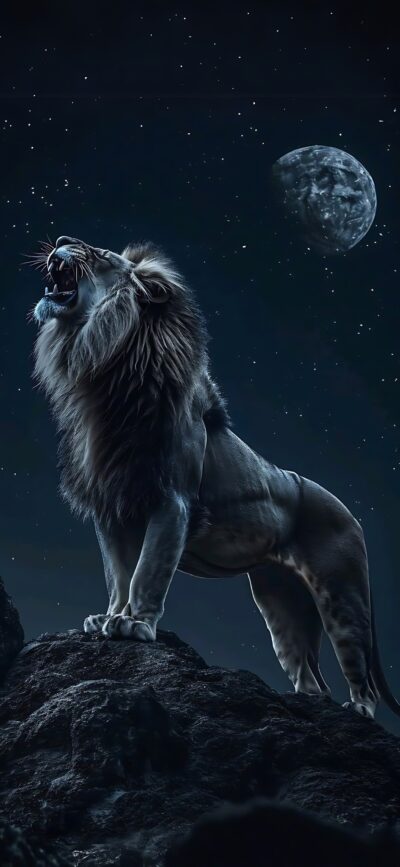 Majestic lion roaring on rocky outcrop under a starry night sky with moon | 4K Wallpaper for Mobile