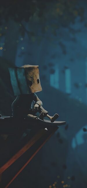 Character with a paper bag head in a mysterious, dark setting, featuring blue and brown hues. | 4K Wallpaper for Mobile