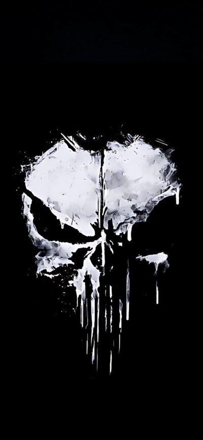 Punisher skull logo with dark, grungy aesthetic in black and white tones | 4K Wallpaper, for Mobile