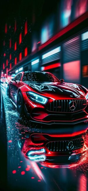 Red sports car in a neon-lit city, wet streets reflecting dynamic, futuristic vibes | UHD Wallpaper for Mobile