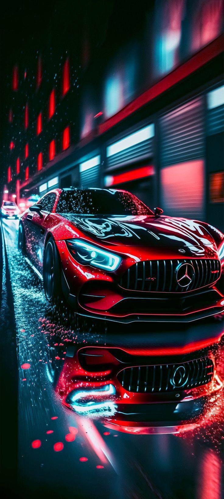 Red sports car in a neon-lit city, wet streets reflecting dynamic, futuristic vibes | UHD Wallpaper for Mobile