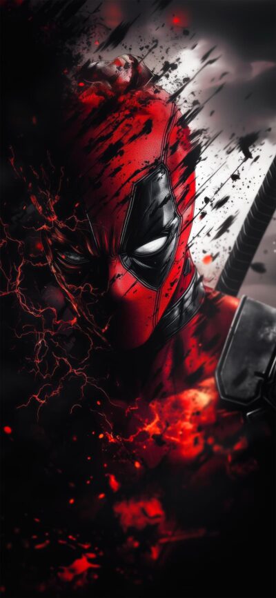 Deadpool in dramatic red and black design, capturing his iconic mask and persona | UHD Wallpaper for Mobile