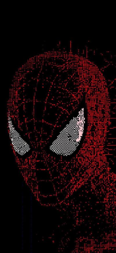 Pixelated Spider-Man in red, black, and white, showcasing creative webbing design | 4K Wallpaper, for Mobile