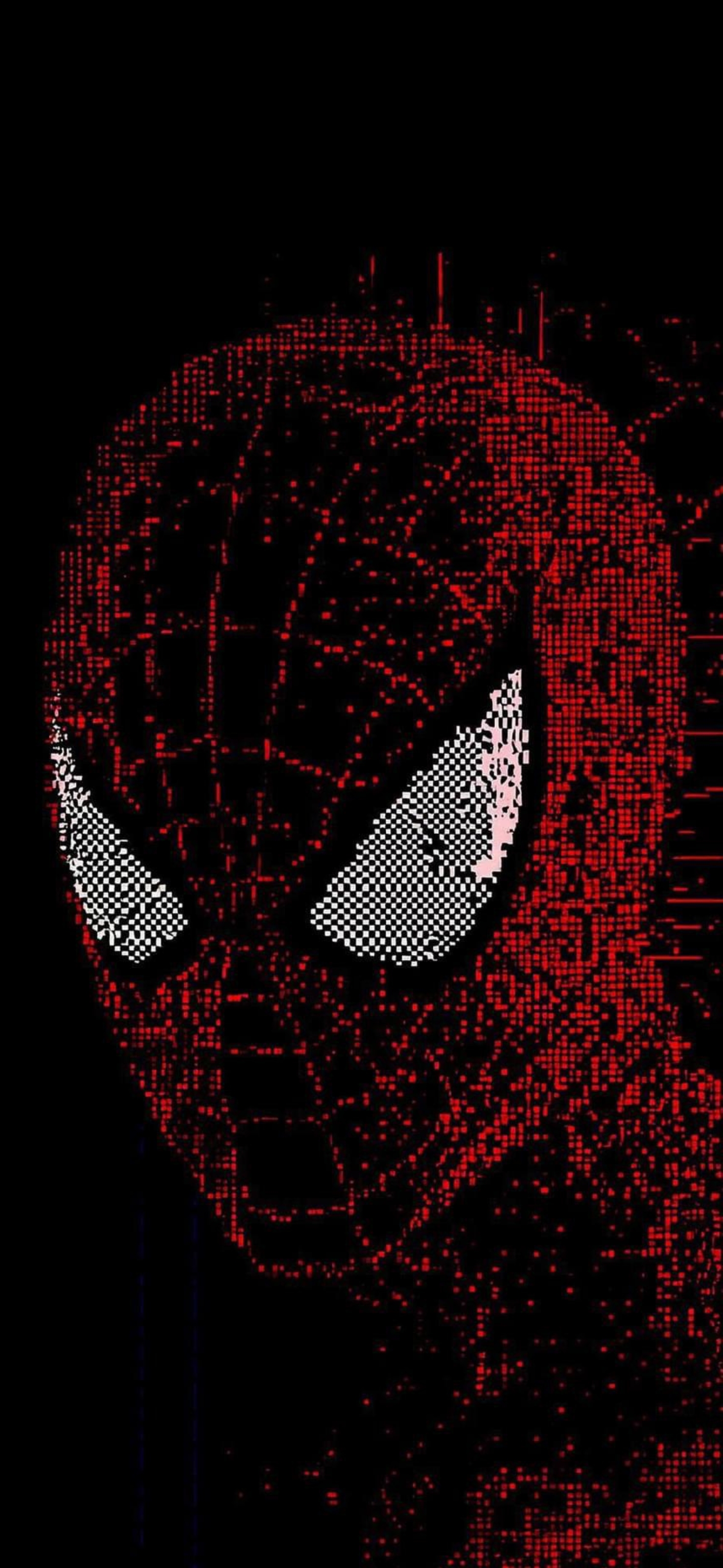 Pixelated Spider-Man in red, black, and white, showcasing creative webbing design | 4K Wallpaper, for Mobile