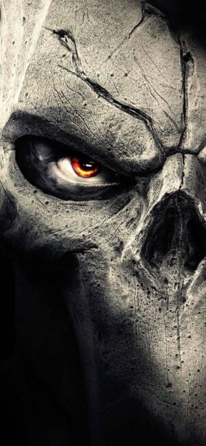 Textured stone-like skull with glowing orange eye, eerie dark vibe. Ideal for horror/fantasy themes. Gray/black/orange | 4K Wallpaper, for Mobile