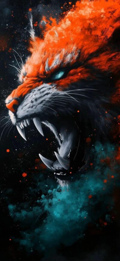 Fierce abstract tiger with fiery orange, deep black, teal, and red splashes | 4K Wallpaper for Mobile