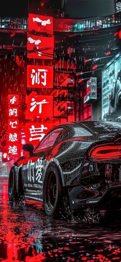 Sleek sports car in neon-lit urban street with red signs, rainy night, cyberpunk style | 4K Wallpaper for Mobile.