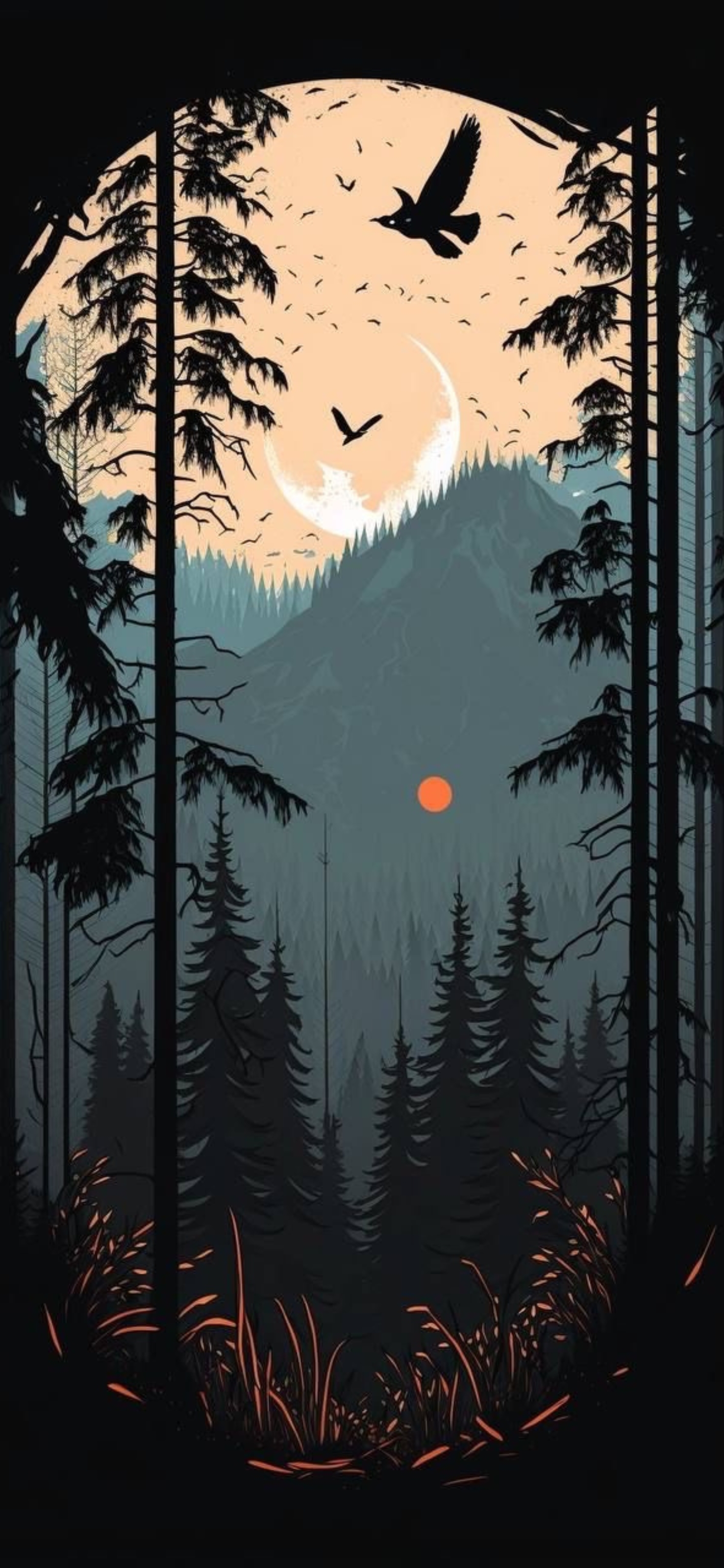 Serene forest scene with silhouetted trees, mountains, birds, moon, and vivid sunset | 4K Wallpaper for Mobile