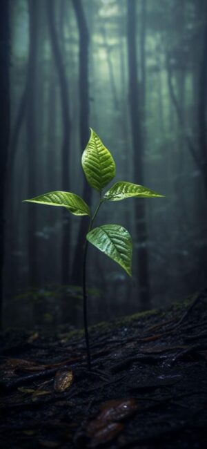 Young green plant in a misty forest with vibrant leaves; mysterious atmosphere | 4K Wallpaper for Mobile | Green, Black