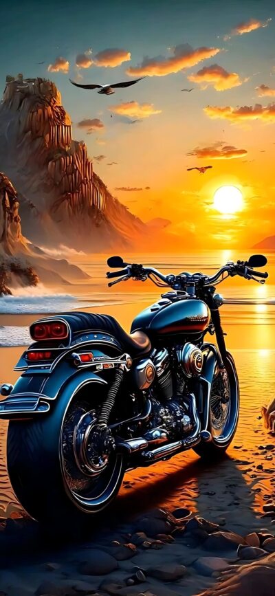 Motorcycle on sunset beach with rocky cliffs and bird in sky. Vibrant orange, blue, yellow | 4K Wallpaper for Mobile.