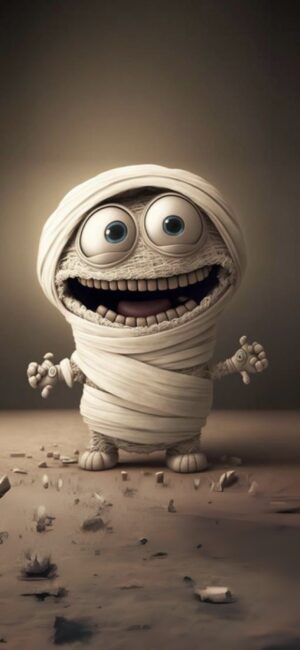 Cartoon mummy character wrapped in white bandages with a humorous expression on a gradient background | 4K Wallpaper for Mobile