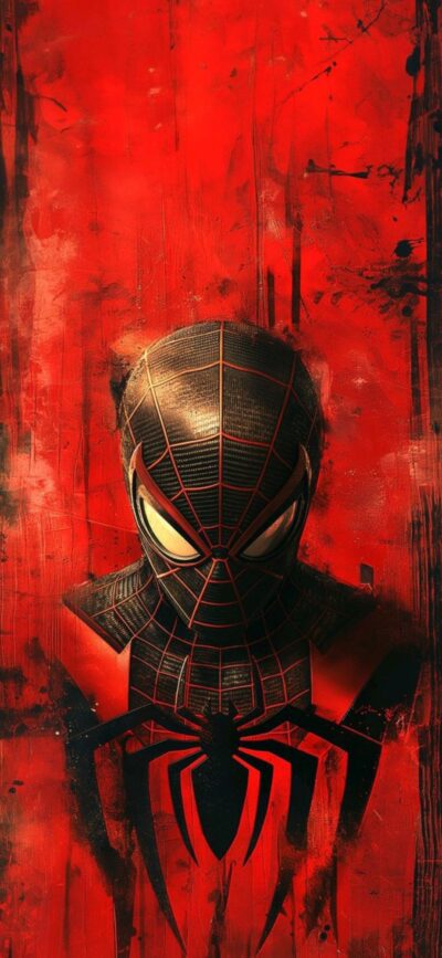 Artistic Spider-Man depiction with red and black mask design on textured background | 4K Wallpaper for Mobile