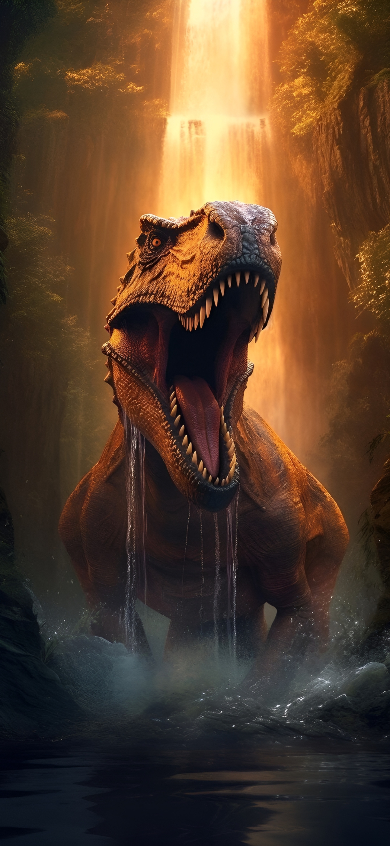 Dinosaur in jungle setting with waterfall, warm lighting | Brown, Green, Orange hues | 4K Wallpaper for Mobile