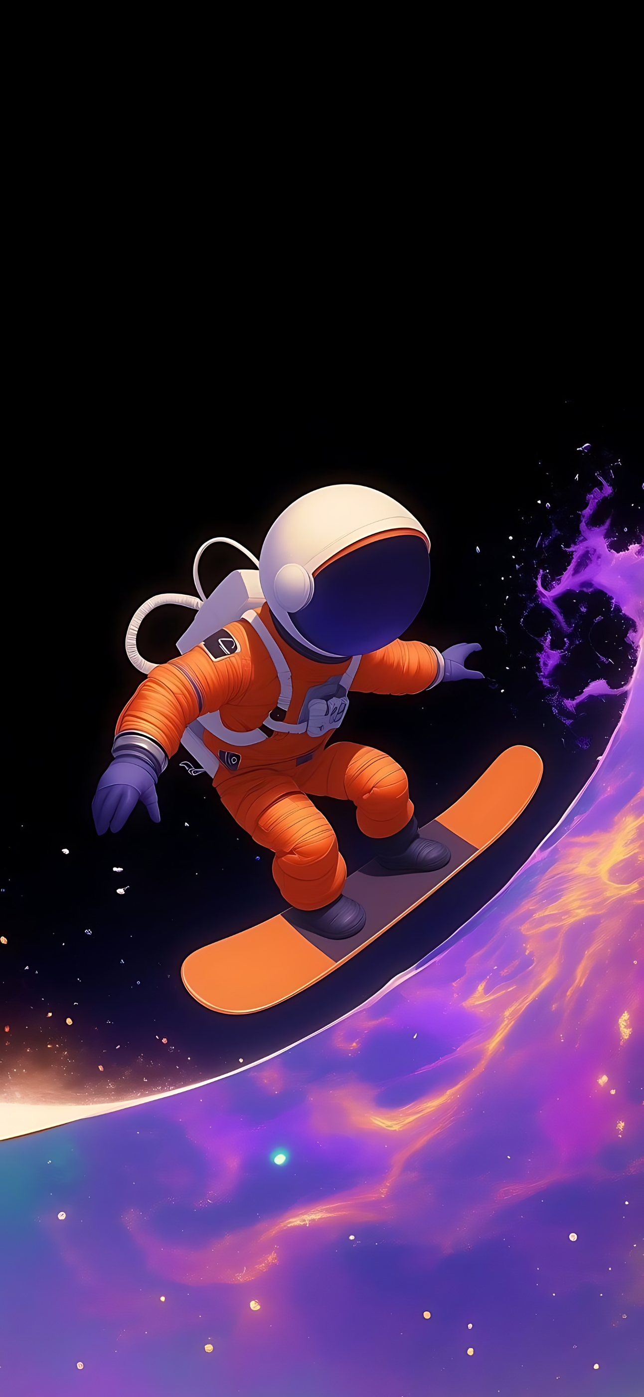 Astronaut snowboarding on colorful space wave, showcasing space exploration & adventure in a whimsical style | 4K Wallpaper for Mobile