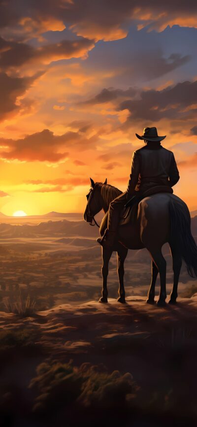 Silhouette cowboy on horseback at sunset with dramatic orange and yellow sky | 4K Wallpaper for Mobile