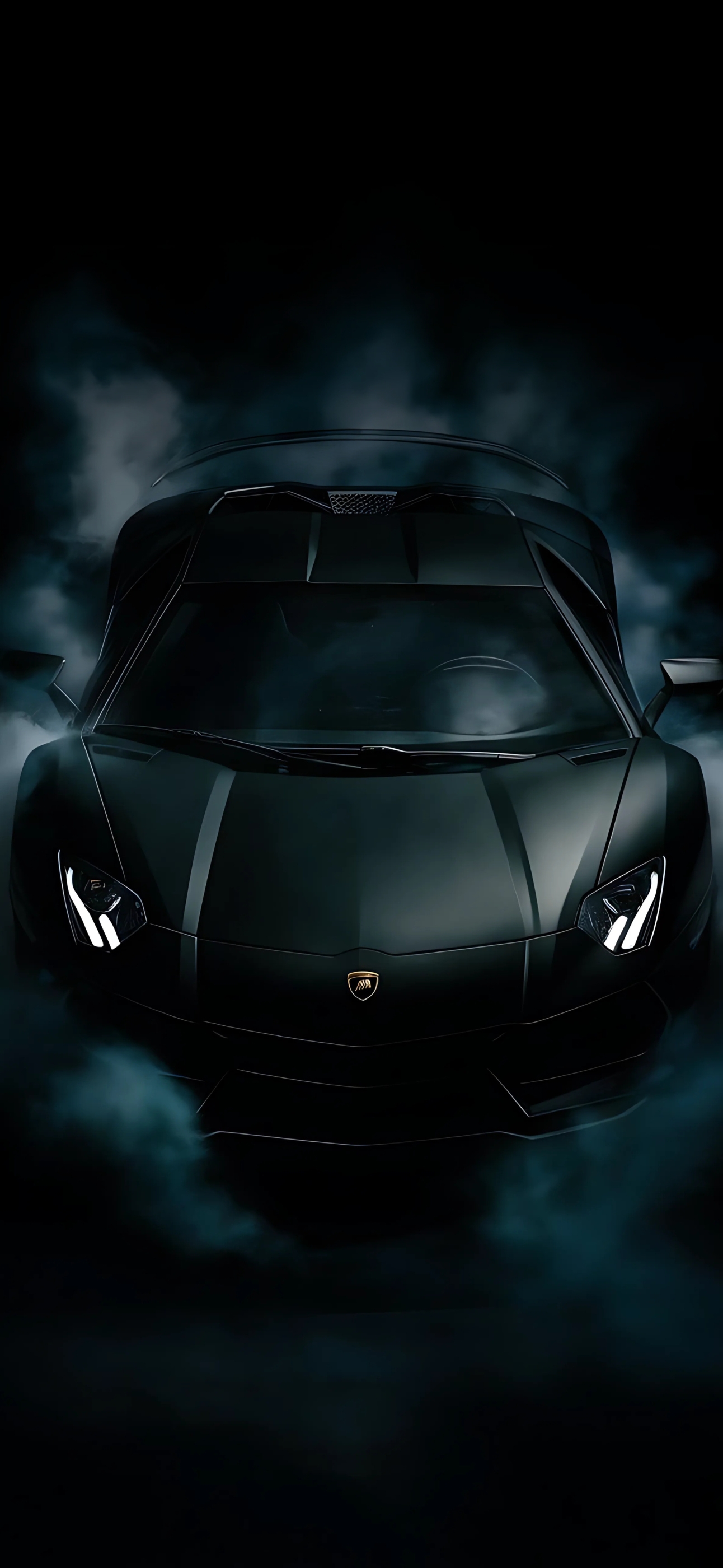 Lamborghini sports car in shadows with mist, highlighting sharp lines, in black and grey. | 4K Wallpaper for Mobile