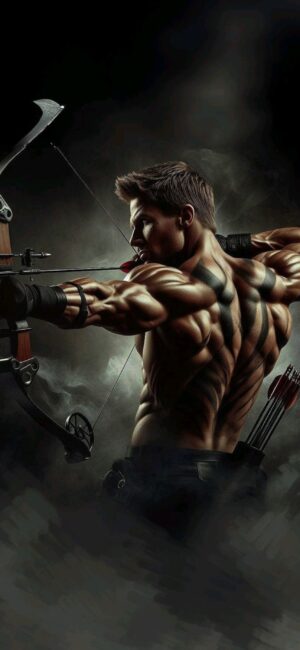 Muscular archer with tribal tattoos in dark, dramatic setting | 4K Wallpaper for Mobile