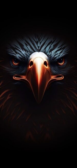 Stunning close-up digital eagle face, highlighting fierce gaze and details in feathers | Black, Orange, Blue | 4K Wallpaper for Mobile