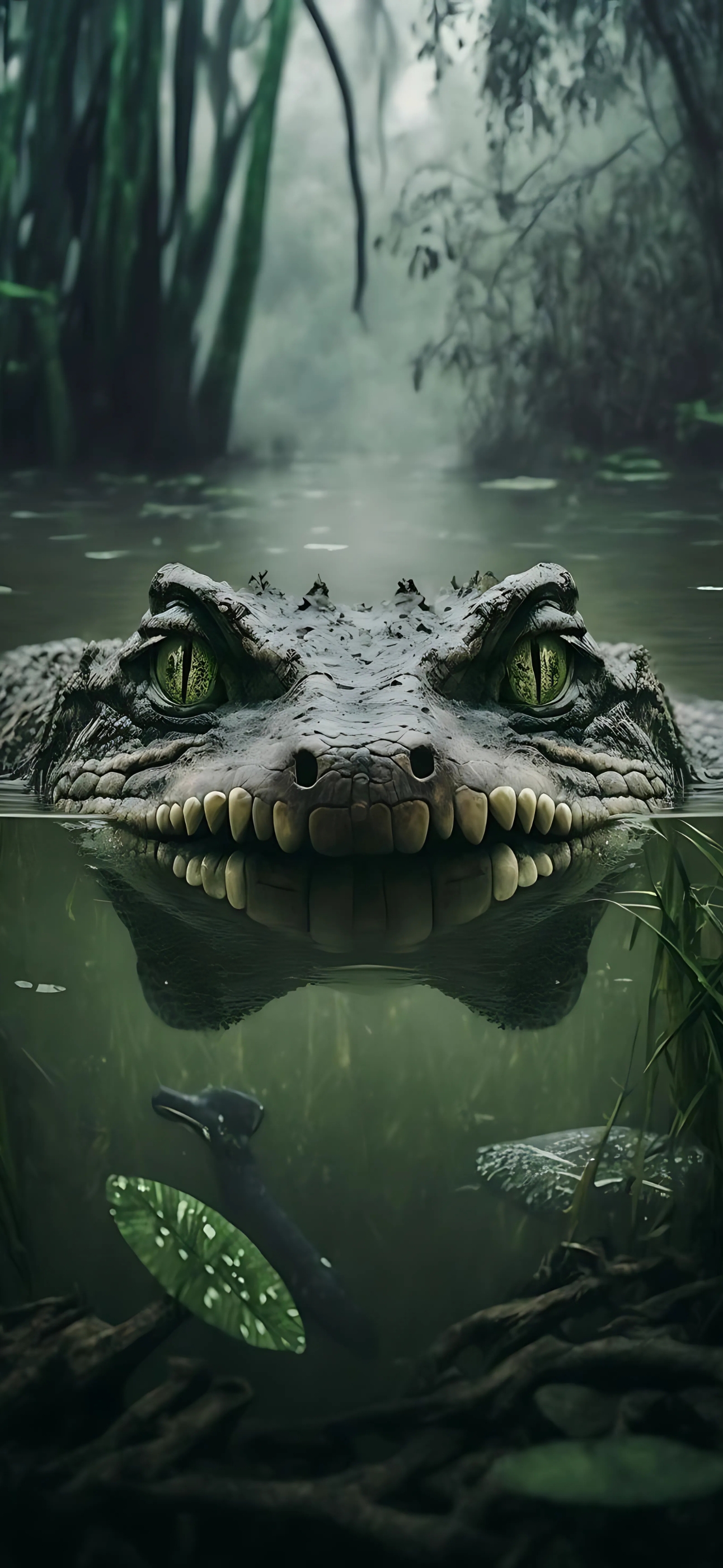 Crocodile submerged in a misty swamp with eyes above water, surrounded by aquatic plants | 4K Wallpaper for Mobile | Green, Brown, Gray