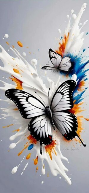 Black and white butterflies amid vibrant paint splashes in an abstract design. | 4K Wallpaper for Mobile