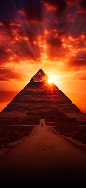 Pyramid silhouetted by a vibrant sunset, glowing orange and red sky. Perfect for a dramatic look. | 4K Wallpaper, for Mobile.