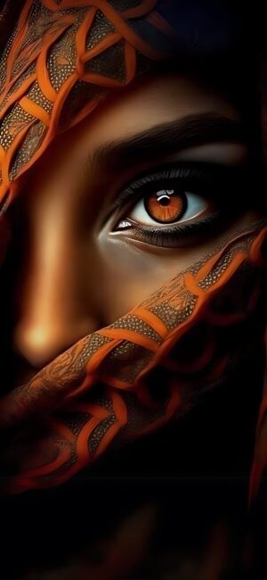 Mysterious eye with ornate orange veil, warm tones | 4K Wallpaper for Mobile. Discover more: Abstract, Fantasy, Mystery wallpapers.