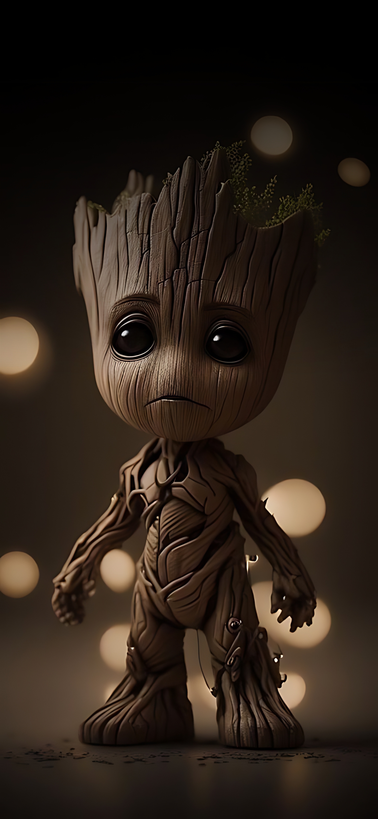 Groot with glowing bokeh effect, featuring brown, black, and yellow tones | 4K Wallpaper for Mobile