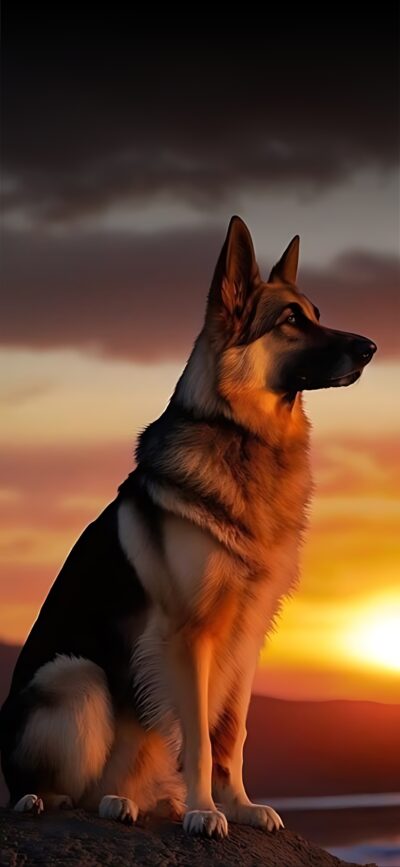 Majestic German Shepherd on rock during vibrant sunset | Orange, yellow, black hues | 4K Wallpaper for Mobile