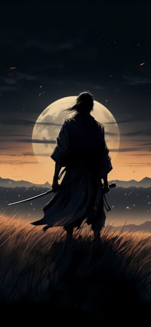 Silhouetted samurai with a katana against a full moon, grassy fields, and mountains. Serene Japanese scene. | 4K Wallpaper for Mobile.