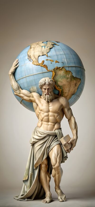 Atlas statue with globe, showcasing strength. Primary colors: blue, beige, earth tones | 4K Wallpaper, for Mobile