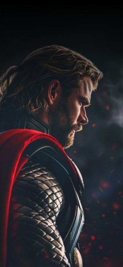 Thor from Marvel Comics in side profile with classic armor and red cape against a dramatic background | 4K Wallpaper for Mobile