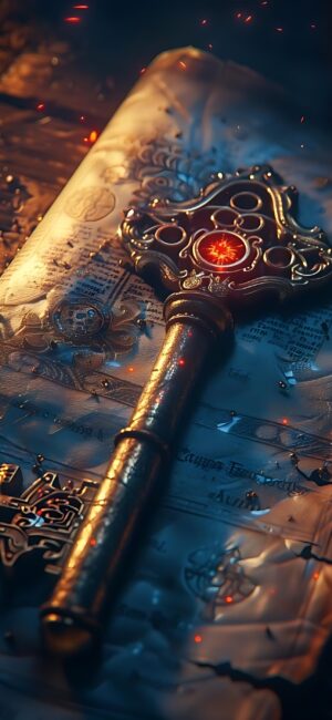 Antique key with red gemstone on illuminated manuscript, exuding mystical fantasy ambiance. Gold, red, blue hues | 4K Wallpaper for Mobile