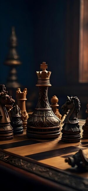 Intricately designed chess set featuring the king, knights, and pawns in warm, elegant ambiance | 4K Wallpaper for Mobile