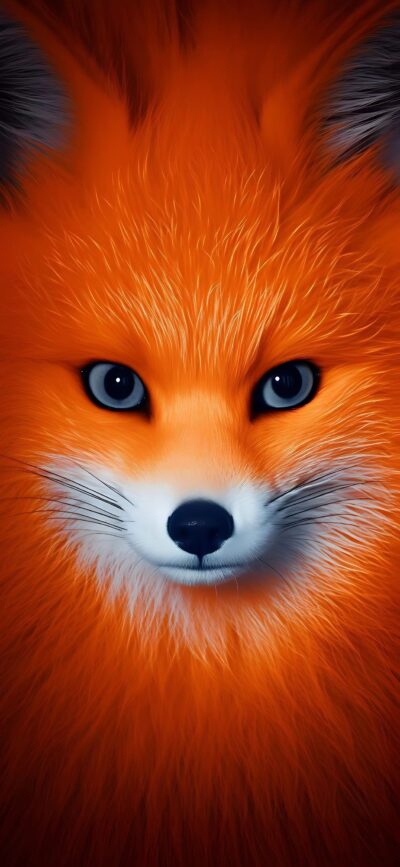 Realistic fox illustration with vivid orange fur, blue eyes, detailed texture for mobile | 4K Wallpaper | Orange | Blue.