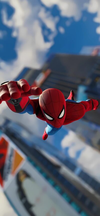 Spider-Man swings through a cityscape with a vibrant sky, showcasing dynamic motion in his iconic suit | 4K Wallpaper for Mobile