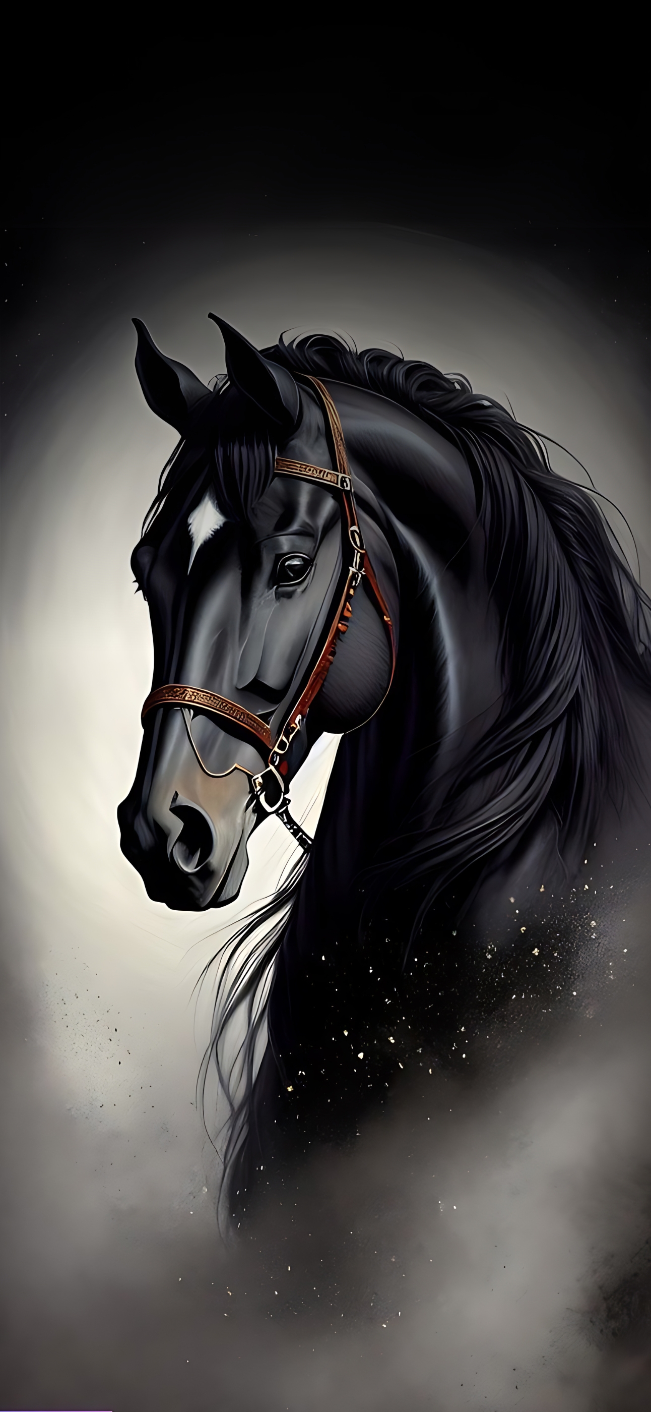 A majestic black horse with a detailed harness on a mystical dark background, exuding elegance and power. | 4K Wallpaper for Mobile