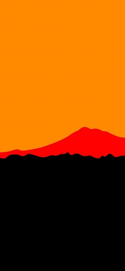 Minimalist landscape wallpaper with bold color blocks of sunset over silhouetted mountains. Gradient sky in orange to red | 4K Wallpaper for Mobile