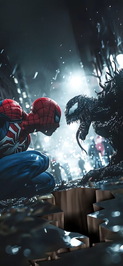 Spider-Man vs. Venom in a dramatic, rainy urban setting. Primary Colors: Red, Black, Blue, White. | 4K Wallpaper for Mobile