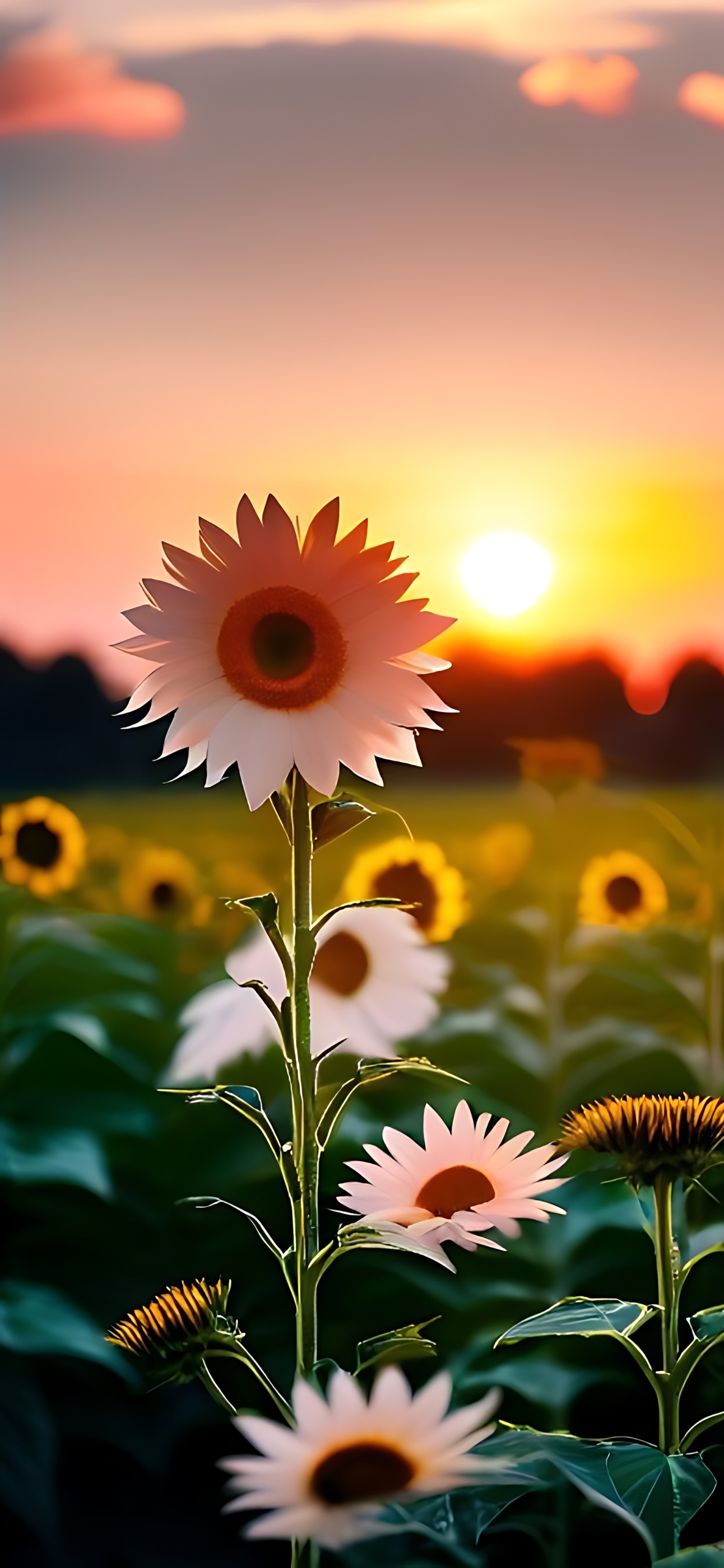 Sunset sunflower field with vibrant oranges and purples in 4K for Mobile | 4K Wallpaper