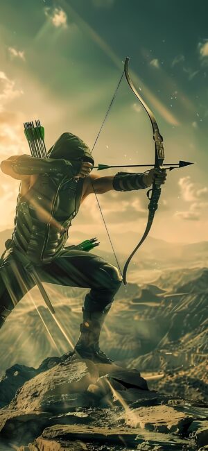 Hooded archer on cliff with bow against a glowing golden sky. Green, gold, and black hues | 4K Wallpaper for Mobile