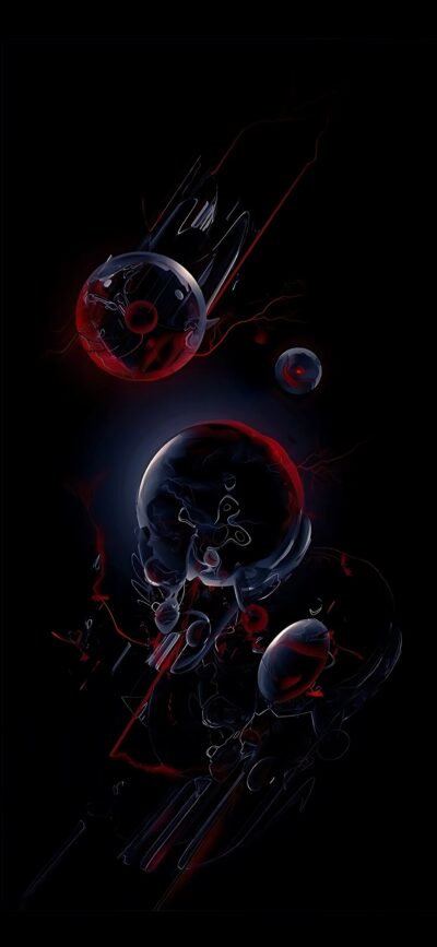 Abstract dark background with red and black spherical shapes, futuristic sci-fi theme | 4K Wallpaper for Mobile