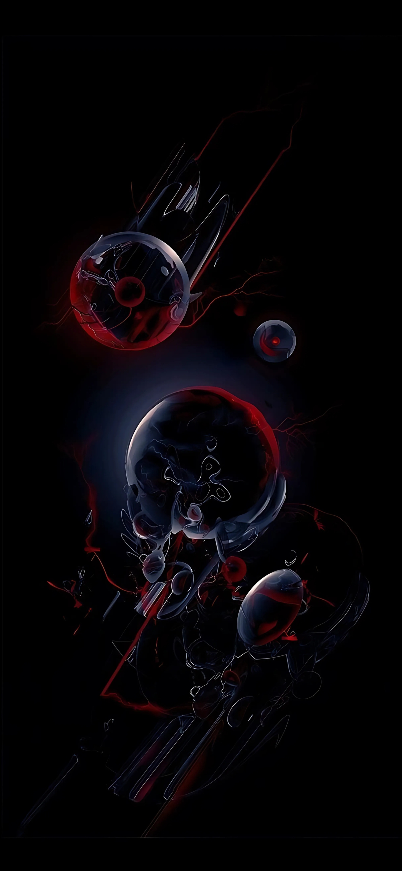 Abstract dark background with red and black spherical shapes, futuristic sci-fi theme | 4K Wallpaper for Mobile