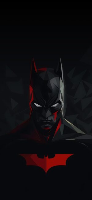 Stylized geometric Batman design with black and red hues, featuring bat symbol. Dark DC Comics vibe. | 4K Wallpaper for Mobile