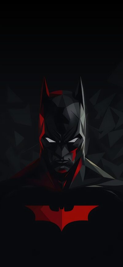 Stylized geometric Batman design with black and red hues, featuring bat symbol. Dark DC Comics vibe. | 4K Wallpaper for Mobile