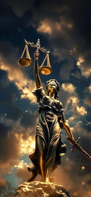 Lady Justice with scales against a dramatic sky, symbolizing fairness. Primary colors: gold, black, orange | 4K Wallpaper for Mobile