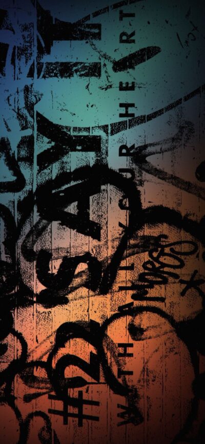 Abstract graffiti-style text over a blue-to-orange gradient with dark artistic markings | 4K Wallpaper | for Mobile