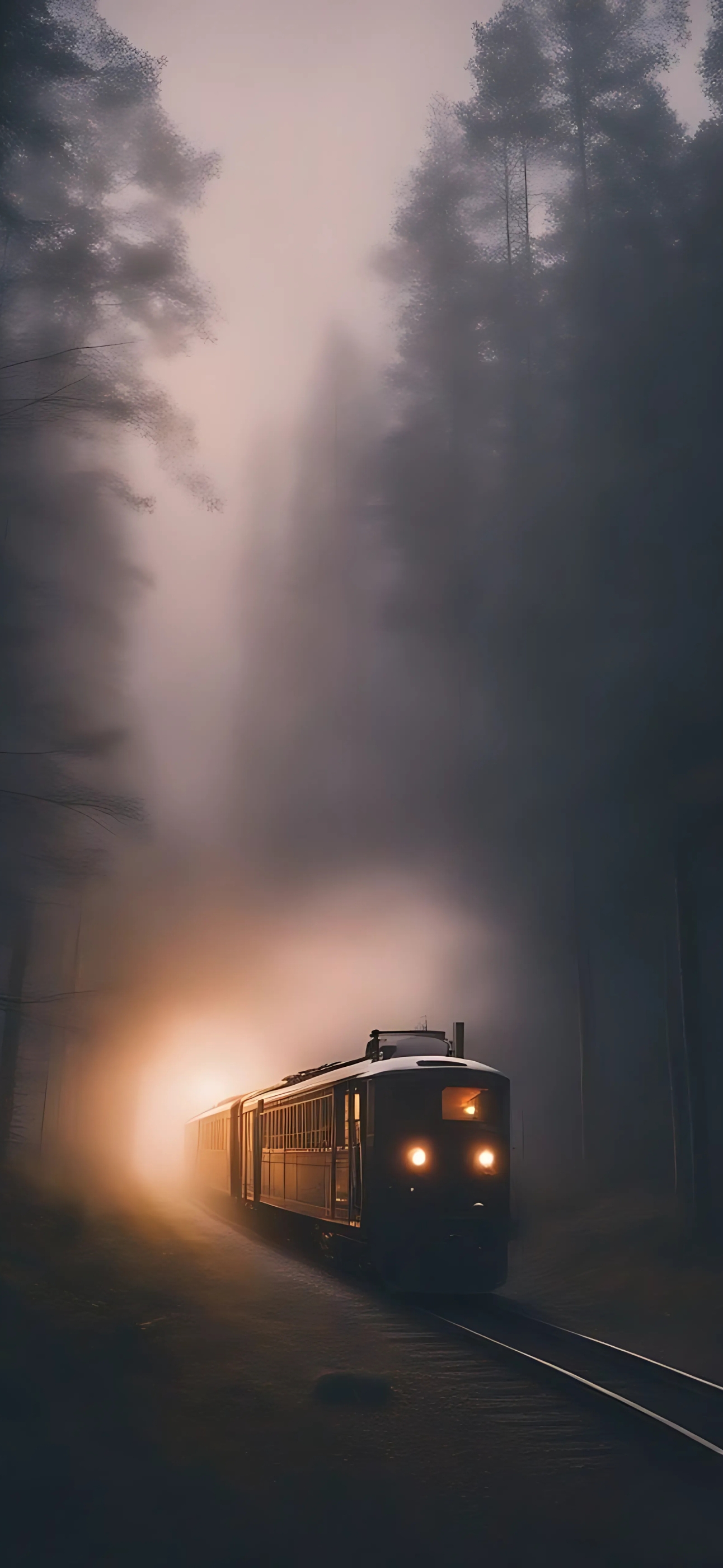 Train in misty forest with glowing headlights, evoking adventure; black, orange, and grey tones | 4K Wallpaper for Mobile