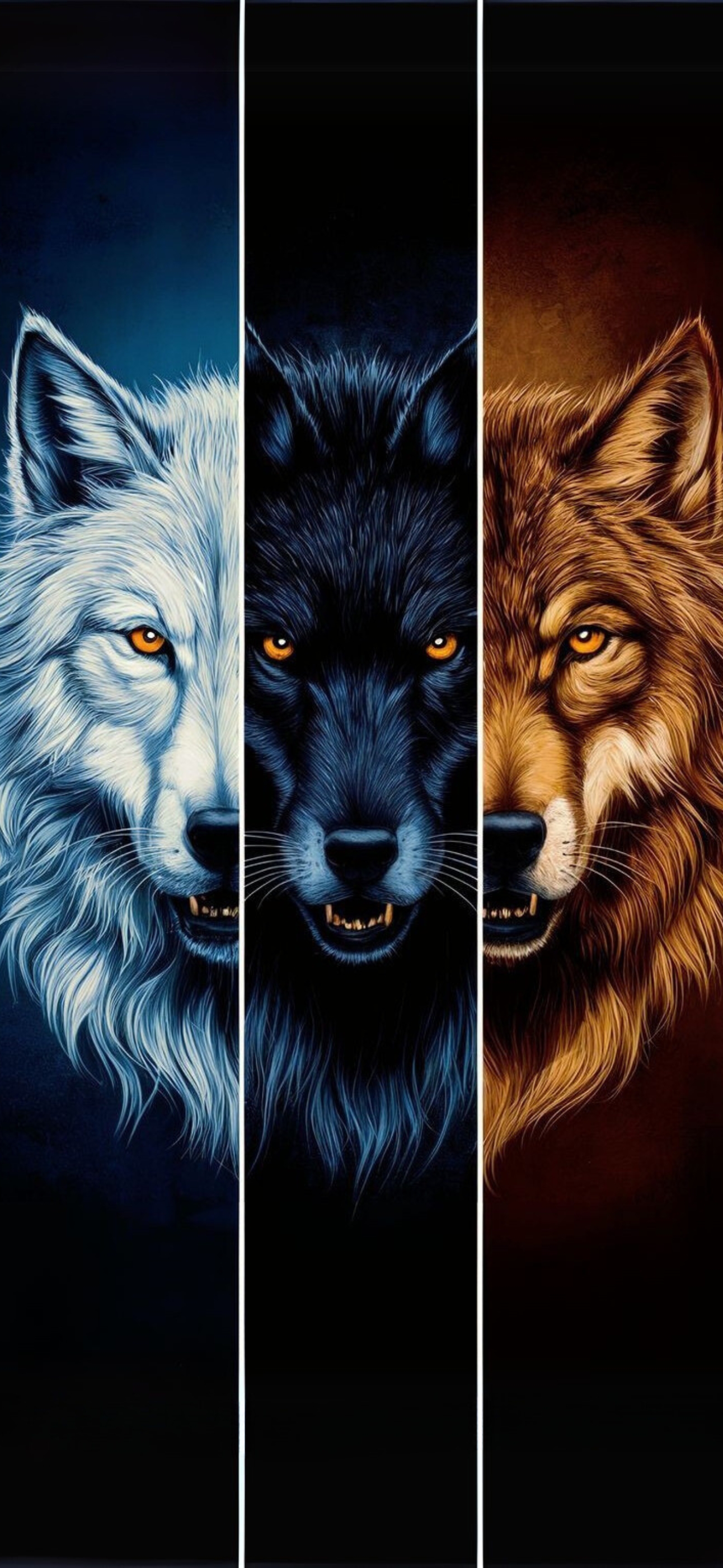 Triptych of white, black, and brown wolves with vivid orange eyes | 4K Wallpaper for Mobile