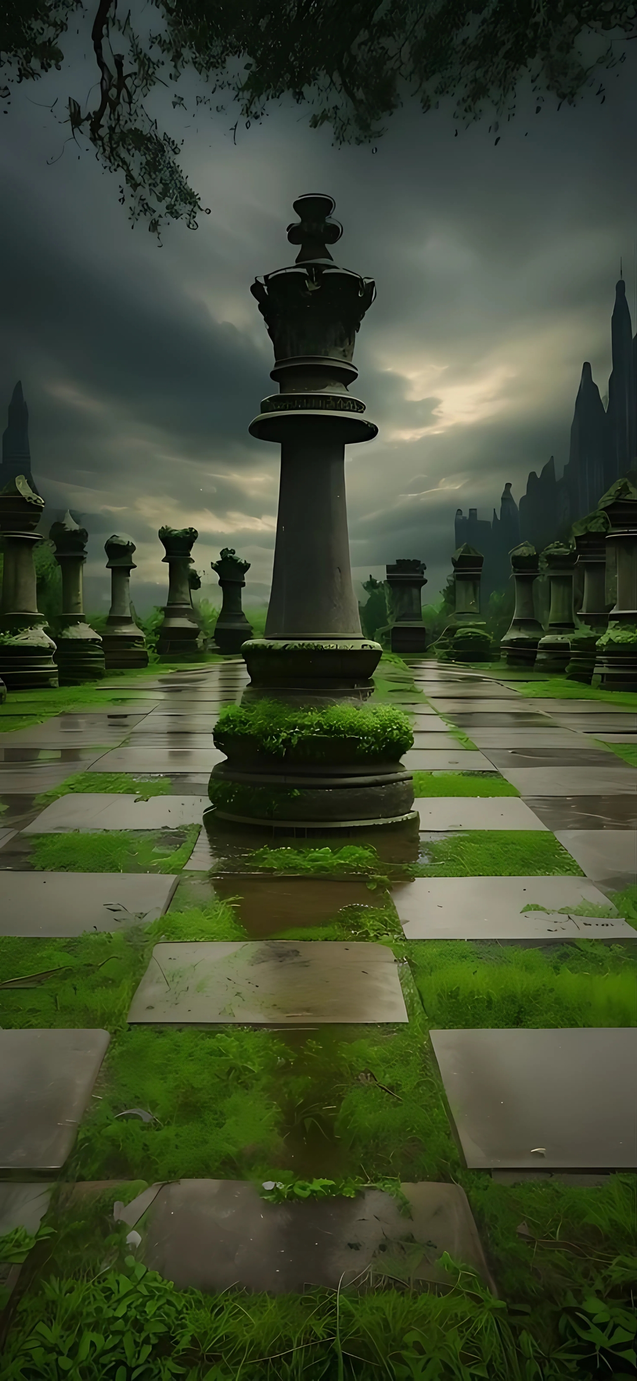 Surreal chess landscape with large queen piece in lush, overgrown setting under dramatic sky | Green, Gray, Black | 4K Wallpaper for Mobile